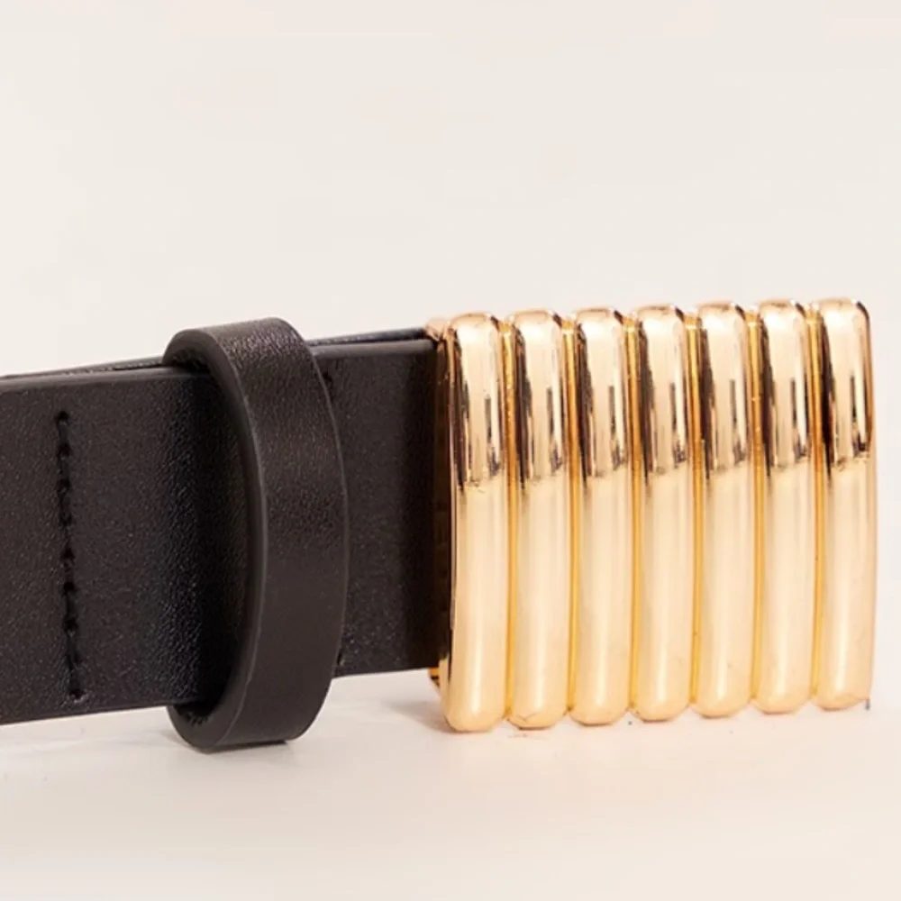 Black Leather Belt with Gold Accent Buckle